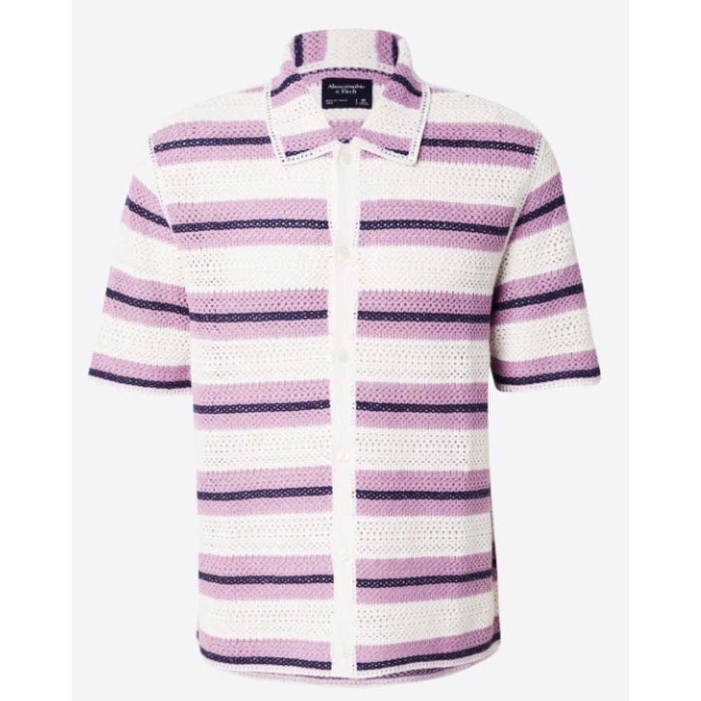 Abercrombie & Fitch Unisex Crochet Button Down‎ Polo Shirt in White/Lavender